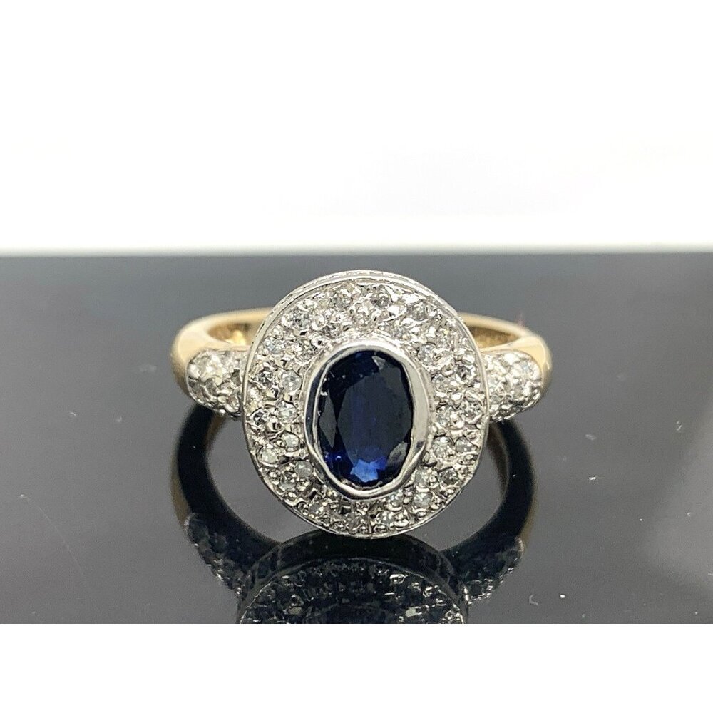 Blue Gemstone Diamond Cocktail Ring 14k Yellow Gold Estate Women's Size 7